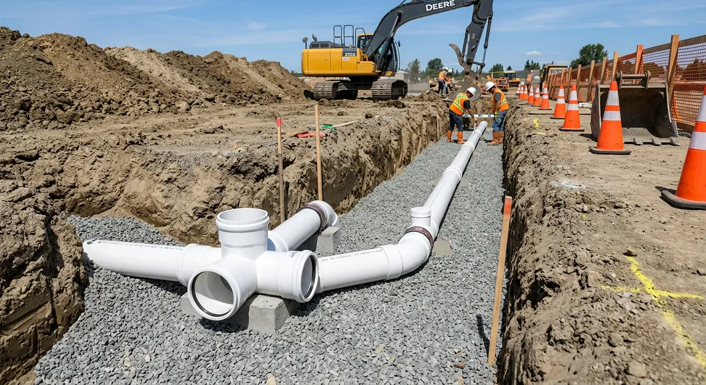New PVC sewer pipe installation in open trench for Grease Trap Cleaning in Tremonton