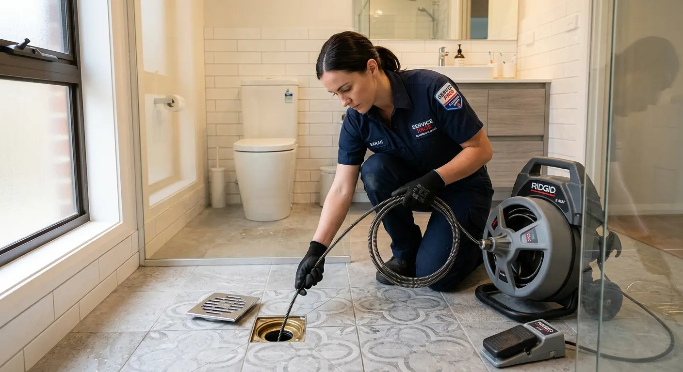 Technician clearing a bathroom floor drain for Drain Cleaning in Tremonton